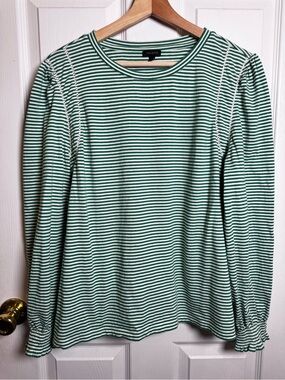 Talbots XL Green White Striped Cotton Crochet Trim Puff Sleeve Top